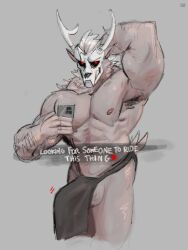 2023 abs balls biceps biped bone bottomwear bulge clothing digital_drawing_(artwork) digital_media_(artwork) emanata english_text erection_under_loincloth fur genitals hair heart hi_res loincloth male male_only muscular muscular_male nipples phone red_eyes simple_background skull skull_head solo text thaires