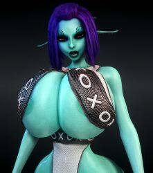 1girls 3d 3d_(artwork) areola_slip areolae areolae_slip blue_skin bra breasts breasts_bigger_than_head female female_only female_solo gigantic_breasts heterochromia hourglass_figure huge_breasts long_ears long_pointy_ears looking_at_viewer pointy_ears purple_hair solo solo_female soria thin_waist top_heavy underboob vaako wasp_waist wide_hips