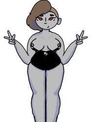 1girls ambeethebee areola_slip black_leotard breasts breasts_apart brown_eyes chubby chubby_belly chunky double_v facing_viewer feet_out_of_frame female female_only grey_body grey_skin half_shaved_head legs_together looking_at_viewer medium_breasts medium_hair nipples oc original original_character playboy_outfit red_eyes scrapdash simple_background solo standing straight-on strapless_leotard tight_clothing transformers white_background