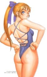 ass blonde_hair blue_one-piece_swimsuit breasts clenched_hands cowboy_shot female hair_ribbon hand_on_own_hip high_ponytail highleg junis long_hair looking_at_viewer looking_back non-web_source official_art one-piece_swimsuit one_eye_closed ribbon sengoku_ace sengoku_ace_episode_ii simple_background small_breasts solo swimsuit tagme tsukasa_jun white_background