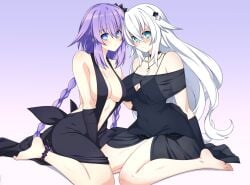 2girls black_heart cleavage feet fully_clothed hyperdimension_neptunia lindaroze looking_at_viewer neptunia_(series) purple_heart_(neptunia) sideboob simple_background toes