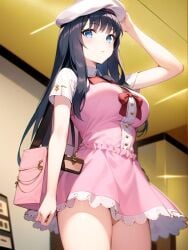 ai_generated black_hair blue_eyes cute eroge!_h_mo_game_mo_kaihatsu_zanmai hat hentai high_resolution highres himeno_kisara huge_breasts indoors nai_diffusion pink_clothing shiny_clothes shiny_hair shiny_skin skirt skyrimgamer17 stable_diffusion thick_thighs wide_hips