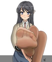 1girls artist_request artist_signature black_hair blue_eyes blush brown_pantyhose expressionless feet foot_fetish looking_at_viewer no_shoes pantyhose sakurajima_mai seishun_buta_yarou_wa_bunny_girl_senpai_no_yume_wo_minai serafuku soles tagme_(artist) unknown_artist unknown_source white_background