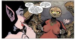 2girls anthro anthro_on_human bird bird_girl black_hair comic english_text exposed_breasts feathers large_breasts lips long_hair multiple_girls nipples owl owl_girl pointy_ears rat_queens wings yuri