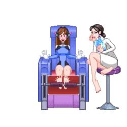 2girls animated animated_gif brush clothed d.va feet foot_fetish foot_focus jayakun katya_volskaya labcoat overwatch overwatch_2 pixel_animation pixel_art tickling tickling_feet tickling_machine