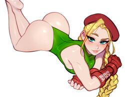 1girls ass blonde_female blonde_hair blue_eyes blushypixy blushyspicy cammy_white clothed clothing cyan_eyes female female_only green_clothes green_clothing human laying_down leotard looking_at_viewer looking_up mammal solo street_fighter thong_leotard variant white_background