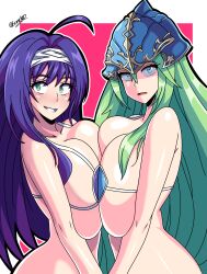 2girls ahoge alternate_breast_size alternate_version_available bangs bare_shoulders big_breasts bikini blue_bikini breast_press breasts cleavage collarbone female female_only fire_emblem fire_emblem:_path_of_radiance fire_emblem:_radiant_dawn green_eyes green_hair grin hair_between_eyes headband helmet holding_hands hourglass_figure huge_breasts large_breasts long_hair looking_at_viewer mia_(fire_emblem) micro_bikini multiple_girls nephenee_(fire_emblem) nintendo open_mouth purple_bikini purple_hair red_background senak012 shoulders sideboob smile swimsuit symmetrical_docking underboob very_long_hair wide_hips yuri