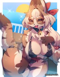 achakura anthro big_breasts bikini blush breasts clothed clothing felid feline felis female fur hair hi_res looking_at_viewer mammal smile solo swimwear thick_thighs