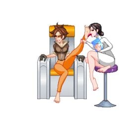 2girls animated clothed feet foot_fetish foot_focus foot_lick jayakun katya_volskaya labcoat lena_oxton licking_feet lickle overwatch overwatch_2 pixel_animation pixel_art soles tickling tickling_feet tracer yuri