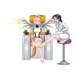 angela_ziegler animated clothed feathers feet foot_fetish foot_focus jayakun katya_volskaya labcoat mercy overwatch overwatch_2 pixel_animation pixel_art tickling tickling_feet yuri