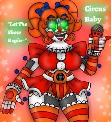 1girls baby_(fnafsl) big_breasts breasts circus_baby circus_baby_(fnaf) clown english_text five_nights_at_freddy's green_eyes microphone open_mouth red_cheeks rockstar_puppet_(artist) smile solo white_skin