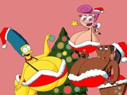 3girls big_breasts christmas christmas_tree crossover dark-skinned_female dark_skin deep_cleavage female_only huge_breasts hyper_breasts leshawna_(tdi) light-skinned_female marge_simpson maxtlat multiple_girls straight_hair tagme the_fairly_oddparents the_simpsons total_drama_island wanda_fairywinkle-cosma yellow_skin