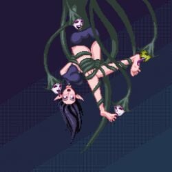 animated animated_gif black_hair bondage bound bound_arms bound_legs clothed dark_hair ear_licking elf elf_ears elf_female feet foot_fetish foot_licking gif hair_bondage jayakun laughing lickle original pixel_animation pixel_art plant_girl purple_eyes restrained spread_toes suspension tentacle tickling tickling_feet toe_sucking toes toes_spread vines yuri