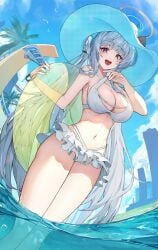 blue_archive cityscape daylight gradient_eyes halo josal large_hat laugh millennium_science_school_student noa_(blue_archive) palm_tree palm_trees partially_submerged seminar_(blue_archive) smile swimsuit water white_hair