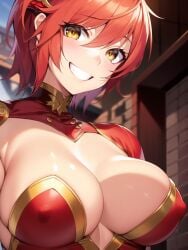 ai_generated cleavage goku_(secret_journey) hentai high_resolution highres huge_breasts looking_at_viewer nai_diffusion naughty_face outdoors red_hair revealing_clothes secret_journey skyrimgamer17 smiling stable_diffusion upper_body yellow_eyes