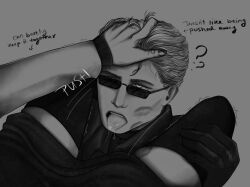 2d_(artwork) albert_wesker bite_mark black_and_white bodily_fluids drool drooling drooling_tongue eating_out glasses glasses_askew hair_grab hand_in_hair kiss_mark leather_clothing legs_held_open looking_over_eyewear looking_over_glasses looking_over_sunglasses messy_hair monochrome original_character pushing_head pussy_eating pussy_juice resident_evil resident_evil_5 skirt_lift stockings sunglasses thighs thighs_on_shoulders tinted_eyewear tongue video_game_character video_games