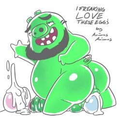 1boy anal anal_sex angry_birds animasanimus anthro anus ass balls beard belly big_butt big_penis bodily_fluids cum cum_in_ass cum_inside cum_on_egg domestic_pig egg erection facial_hair gay genital_fluids genitals green_body hair humanoid_genitalia humanoid_penis king_leonard male male_only mammal nude open_mouth overweight overweight_male penetration penis pig_(angry_birds) simple_background smile solo suid suina sus_(pig) tail text the_angry_birds_movie yaoi