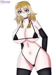 1girls airiin220 belly_button big_breasts black_bikini blonde_hair breasts choker female female_only genderswap_(mtf) kotonoha_project long_gloves maimai_(game) owl_(kotonoha_project) owlet purple_eyes rule_63 stockings thong