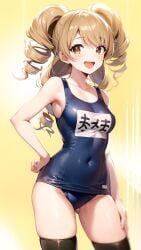 ai_generated belly_button belly_button_visible_through_clothing blue_mizugi brown_eyes brown_hair curly_hair curvy energy_kyouka!! high_resolution highres leona_houjou long_hair medium_breasts mizugi nai_diffusion one_piece_swimsuit petite school_swimsuit shiny_clothes shiny_hair shiny_skin skyrimgamer17 smile solo stable_diffusion swimsuit thick_thighs twintails wide_hips