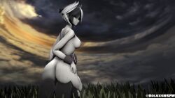 3d anime ass belt big_ass black_hair boots cuffs female female_focus female_only grass holding_ass looking_at_viewer made_in_abyss naked nipples nude nude_female on_floor on_knees outside ozen render shoes shoes_only short_hair sky smirk source_filmmaker white_and_black_hair white_hair