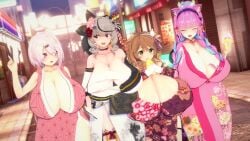 3d 3d_(artwork) alternate_costume artist_request bandaged_chest cat_ears cleavage crossover gigantic_breasts hololive holox huge_breasts ice_cream kimono koikatsu minato_aqua nijisanji official_alternate_costume outdoors sakamata_chloe shiina_yuika source_request virtual_youtuber vtuber warabeda_meiji warabeda_meijii