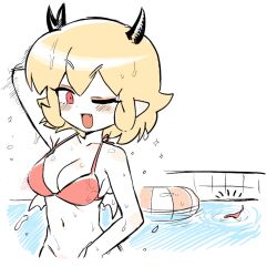 3_horns armpits arms_behind_head belly_button bra breasts fangs female female_only gargoyle no_panties oc one_eye_closed original_character panties pointy_ears pool pool_float red_eyes small_wings stomach water white_skin