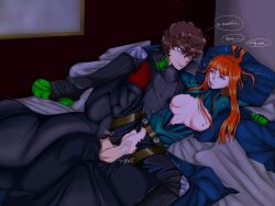 2d_(artwork) akira_kurusu battle_suit bedroom_sex breasts brown_eyes brown_hair clothed_sex clothing cum_in_pussy eyes_open female human joker_(persona) leg_up male male/female night pale_skin persona persona_5 persona_5_royal phantom_thief_suit purple red_hair ren_amamiya ripped_clothing sakura_futaba spooning_position trenchcoat video_game_character video_games