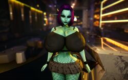 1girls 3d 3d_(artwork) alternate_breast_size ass bar bar_counter bar_stool big_ass biting_lip biting_own_lip blue_skin bracelet choker cleavage clothed clothed_female ear_piercing female female_only female_solo fishnets gigantic_breasts goth goth_girl heterochromia hourglass_figure huge_ass huge_breasts hyper hyper_breasts large_ass long_ears long_pointy_ears looking_at_viewer massive_breasts miniskirt nose_piercing pointy_ears purple_hair short_skirt skirt slim_waist small_waist solo solo_female soria thighs thin_waist thong tiny_waist top_heavy vaako visible_underwear wasp_waist wide_hips