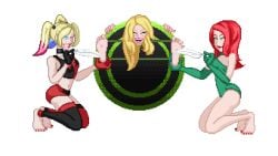 3girls animated bondage clothed dc depowered feathers feet foot_fetish foot_focus harley_quinn human_trophy jayakun kryptonite lezdom pixel_animation pixel_art poison_ivy struggling supergirl through_wall tickle_torture tickling tickling_feet transparent_background trophy yuri