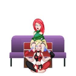 2girls animated bondage clothed dc feet foot_fetish foot_focus foot_lick foot_worship harley_quinn jayakun lezdom licking_feet lickle pixel_animation pixel_art poison_ivy soles stocks struggling tickle_torture tickling tickling_feet tied_toes toothbrush transparent_background vines yuri