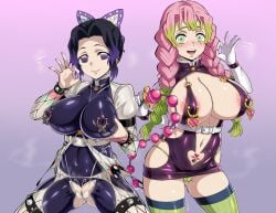 2girls anal_beads black_hair blush demon_slayer fellatio_gesture female female_only gozaru ikidumi kanroji_mitsuri kimetsu_no_yaiba kochou_shinobu large_breasts nipple_bulge nipple_piercing pink_hair purple_eyes purple_hair qos queen_of_spades revealing_clothes slutty_outfit spade_tattoo tattoo_above_pussy tattoo_on_belly thong two_tone_hair wet_pussy