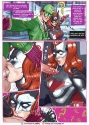 1girls batman_(series) batwoman blowjob boots comic costume cucked_lesbian cum cum_in_mouth cum_on_face dc dc_comics deepthroat dialogue english_text female fin_nomore hand_on_head kate_kane male/female mask masked_male orientation_play red_hair riddler speech_bubble superheroine text watermark