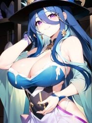 ai_generated blue_hair cleavage cum curvy hentai high_resolution highres huge_breasts looking_at_viewer mature_female melusine_(succuba_mist_story) nai_diffusion pelvic_curtain purple_eyes shiny_clothes shiny_hair shiny_skin skyrimgamer17 smile stable_diffusion succuba_mist_story witch_hat