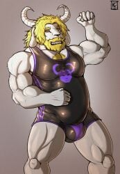 anthro asgore_dreemurr beard big_bulge blonde_hair bovid bulge caprine chest_tuft clothing facial_hair flexing flexing_bicep fur goat gradient_background hair hi_res horn kirlanlion leotard looking_at_viewer male male_anthro male_only mammal mature mature_anthro mature_male musclegut muscular muscular_anthro muscular_male shirt singlet smile smiling_at_viewer solo solo_male tank_top topwear tuft undertale undertale_(series) white_body white_fur yellow_eyes