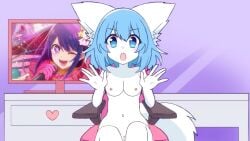 blue_hair breasts canid canine canis female front_view fur genitals hair hi_res humanoid mammal nude pink_chair pussy screenshot_edit solo sunniarts tagme virtual_youtuber white_body white_fur wolf wolfychu youtube youtuber