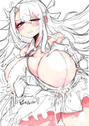 1girls alternate_breast_size amaryllis_0611 areola_slip blush breast_expansion breasts_bigger_than_head bursting_breasts busty cleavage erect_nipples_under_clothes fate/kaleid_liner_prisma_illya fate_(series) female female_only holding_breast huge_breasts illyasviel_von_einzbern japanese_text lactating lactation lactation_through_clothes light-skinned_female massive_breasts nipples red_eyes solo sweat thick_thighs torn_clothes voluptuous wet_clothes white_hair