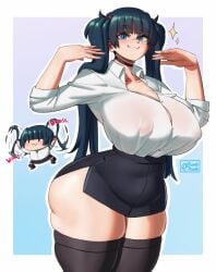 :3 chibi collar curvy gigantic_breasts huge_ass large_nose mai_(mai_munah) mai_munah nipples_visible_through_clothing signature skindentation smug succubus thick thick_thighs thighhighs twintails wavy_mouth white_shirt