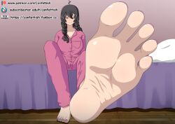 bed big_breasts big_feet black_hair braided_hair confettish feet female female_only foot_fetish foot_focus lily_ashley looking_at_viewer looking_down_at_viewer painted_toenails pink_eyes pink_pajamas pink_toenails point_of_view pov pov_feet sitting_on_bed smile smiling_at_viewer solo_female valkyria_chronicles valkyria_chronicles_4