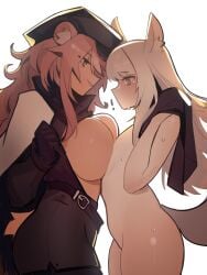 ! 2girls animal_ears animal_tail arknights asserting_dominance belly big_breasts blush breast_envy breast_press breast_size_difference breasts_out dark-skinned_female embarrassed female female_only flat_chest gravel_(arknights) gravel_(modeling_night)_(arknights) grin hat highres large_breasts light-skinned_female long_hair looking_at_another looking_at_breasts looking_down looking_down_at_another naked ninra no_bra nude open_clothes partially_clothed pink_hair platinum_(arknights) pressing_breasts_together small_breasts smile smug standing sweat sweatdrop tail tanned tanned_female tears unicorn white_background white_hair