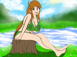 barefoot big_breasts bikini brown_eyes brown_hair daytime huge_breasts leanne_greenleaf long_hair looking_at_viewer oc original original_character river sitting_on_log smiling spark_knight