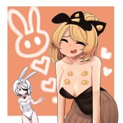 2girls @_@ alternate_costume animal_ears black_bow black_leotard black_survival blonde_hair blue_eyes blush bow bowtie breasts brown_pantyhose cleavage closed_eyes closed_mouth commentary_request covered_navel cowboy_shot crossover detached_collar eyepatch fake_animal_ears hair_bun hair_over_one_eye hairbow heart highres kurodani_yamame large_breasts leotard medium_breasts medium_hair multi_eye multiple_girls open_mouth orange_background pantyhose playboy_bunny rabbit_ears red_bow red_bowtie rinyamame scar scar_on_chest scar_on_leg short_hair sissela_(black_survival) smile strapless strapless_leotard striped striped_pantyhose sweat touhou white_background white_hair