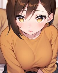 ai_generated brown_hair close-up earrings hentai high_resolution highres huge_breasts indoors living_room looking_at_viewer minami_takasaki nai_diffusion pov shiny_hair shiny_skin showtime showtime!_uta_no_oneesan_datte_shitai skyrimgamer17 stable_diffusion takasaki_minami yellow_eyes