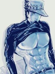 1boy biting_clothes biting_shirt diamond_is_unbreakable dilf jojo's_bizarre_adventure jotaro_kujo male male_only mature_male muscular_male pectorals shirt_up