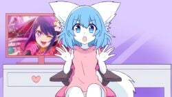 blue_hair bottomless canid canine canis clothed clothing female front_view fur genitals hair hi_res humanoid mammal pink_chair pink_clothing pink_shirt pink_topwear pussy shirt solo sunniarts tagme topwear virtual_youtuber white_body white_fur wolf wolfychu