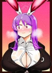 animal_ears black_jacket blazer blush breasts breath button_gap buttons cleavage closed_mouth collared_shirt commentary_request crescent crescent_pin embarrassed female gradient_background hair_between_eyes highres huge_breasts jacket kurodani_yamame long_hair looking_to_the_side nose_blush pink_background purple_hair rabbit_ears rabbit_girl red_eyes reisen_udongein_inaba rinyamame shirt sidelocks solo touhou upper_body white_shirt