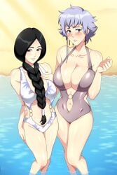 2girls beach black_hair bleach breasts cleavage height_difference isane_kotetsu kotetsu_isane lindaroze looking_at_viewer milf multiple_girls one-piece_swimsuit outdoors purple_hair swimsuit taller_girl teacher_and_student unohana_retsu voluptuous water