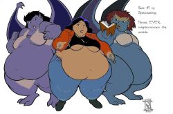 3girls angela_(gargoyles) bare_midriff blue_skin blue_skinned_female brown_hair demona disney elisa_maza fat fat_ass female gargoyles gun huge_belly jeans loincloth obese obese_female red_hair seriojainc spell_backfire spellbook stretched_clothing stretching_clothes text weight_gain wings