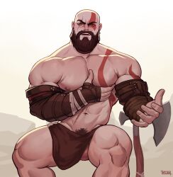 1boy 1male abs balls bara beard biceps big_balls bulge bulge_through_clothing clothing facial_hair gay god_of_war god_of_war_ragnarok hairy hi_res highres kratos looking_at_viewer male male_focus male_only male_pubic_hair muscular muscular_male nipples no_male_underwear nude penis_outline solo solo_male tattoo whyhelbram