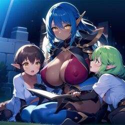 ai_generated bikini_armor blue_hair book brown_hair cleavage delva_celebrian elf green_hair hentai high_resolution highres moonlight nai_diffusion original_characters outdoors pointy_ears revealing_clothes skyrimgamer17 stable_diffusion thighhighs yellow_eyes youkoso!_sukebe_elf_no_mori_e