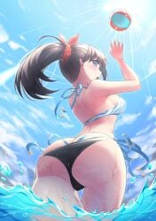 1girls ass bikini bikini_bottom bikini_top black_hair blue_eyes breasts caron_(straycat910) female hair_tie in_water looking_at_viewer looking_back looking_back_at_viewer ponytail scrunchie solo_female ssss.gridman swimsuit tagme takarada_rikka tied_hair wet